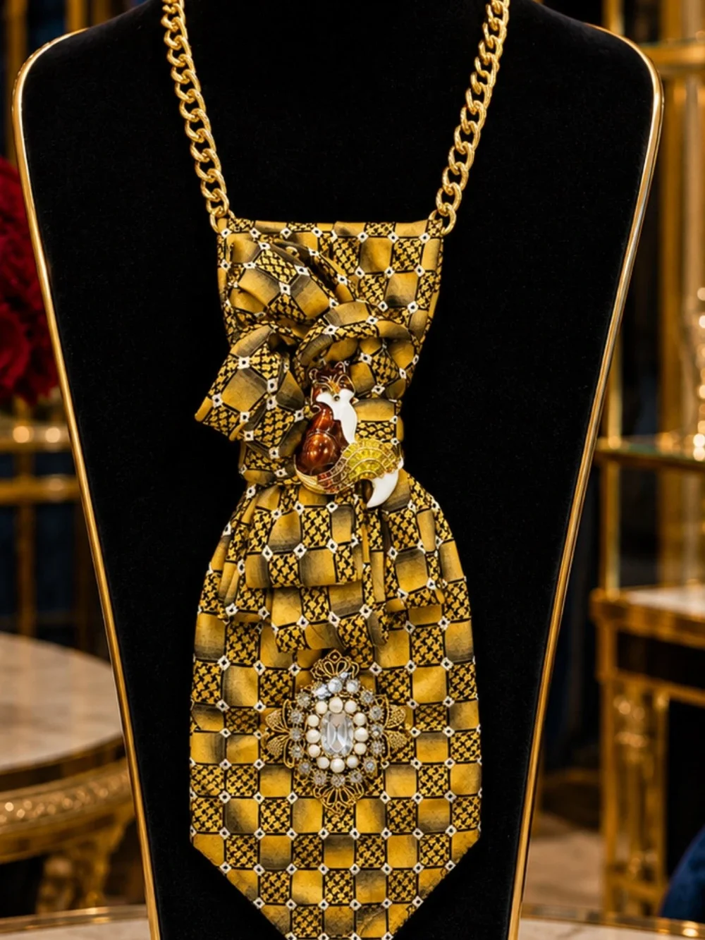 One of a Kind Handcrafted 100% Silk Tie Necklace Brown Fox Wearable Art